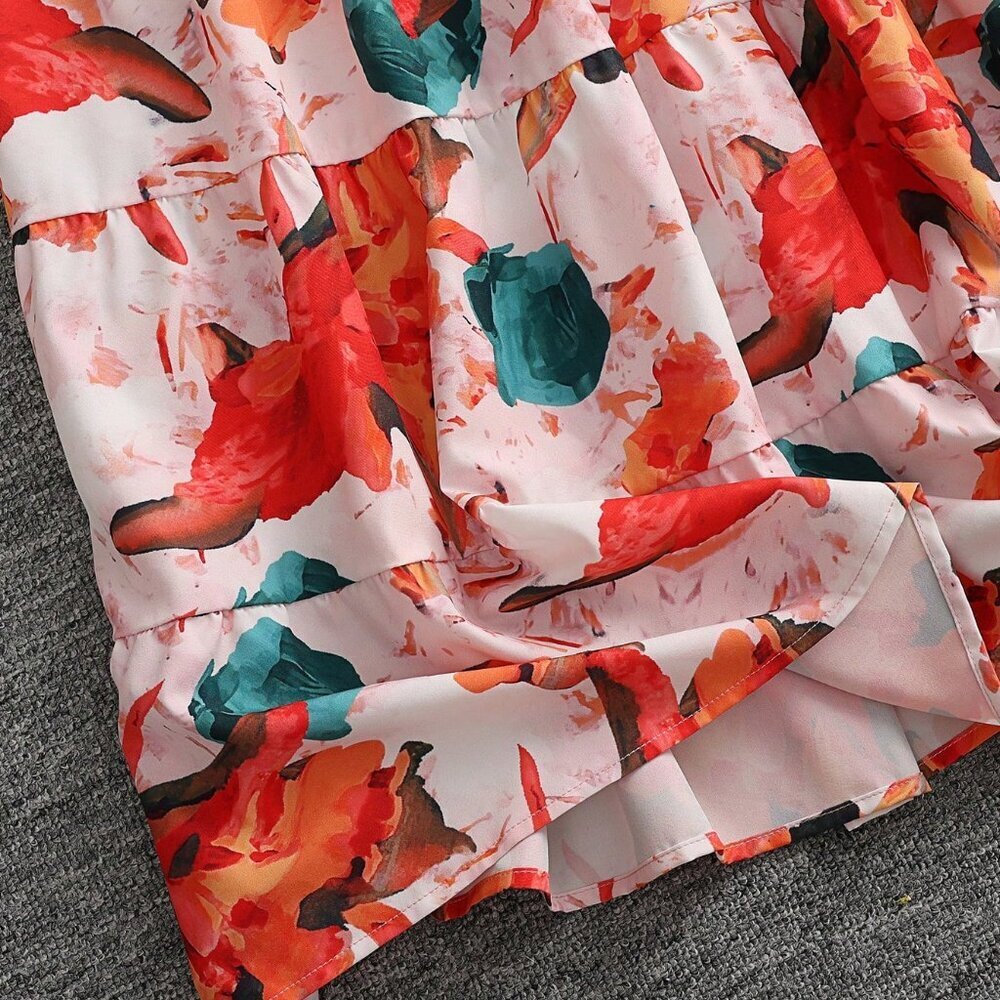 Red Casual Women's Off Shoulder Puff Sleeve Floral Print Dress - Picture 5 of 5
